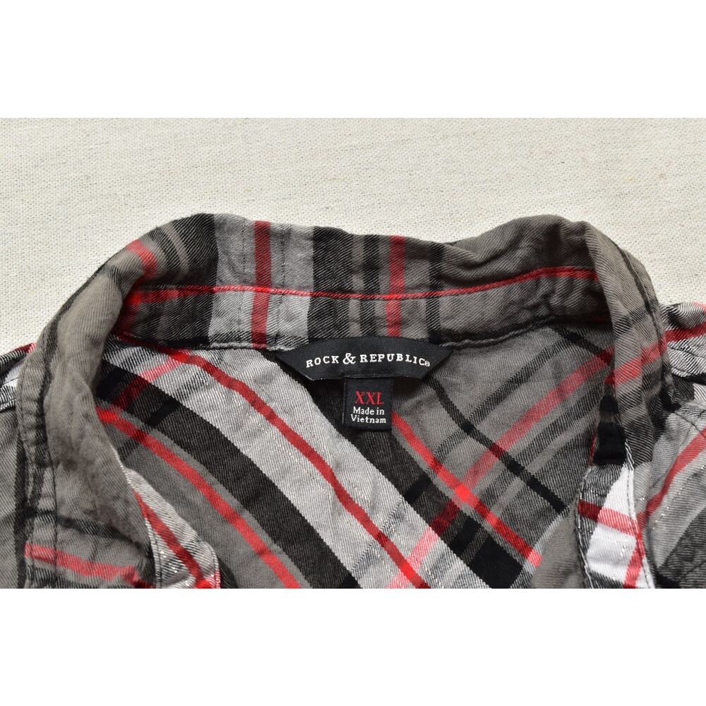 Rock & Republic Plaid Button Down Shirt Women XXL Grey Red Metallic Lurex Plaid - Picture 5 of 8